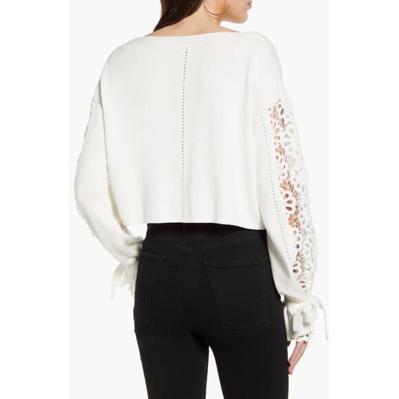 French Connection Leona Pointelle White Crochet Knit Crop Sweater Top Size XS - Picture 2 of 12